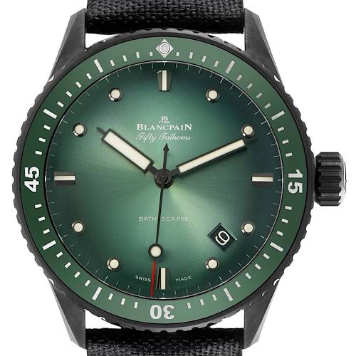 The Blancpain Fifty Fathoms 5000-0153-B52A Men's Ceramic Green Dial 5000-0153-B52A Men's Ceramic Green Dial watch is shown from a top view, highlighting the green dial, bezel, and crown.