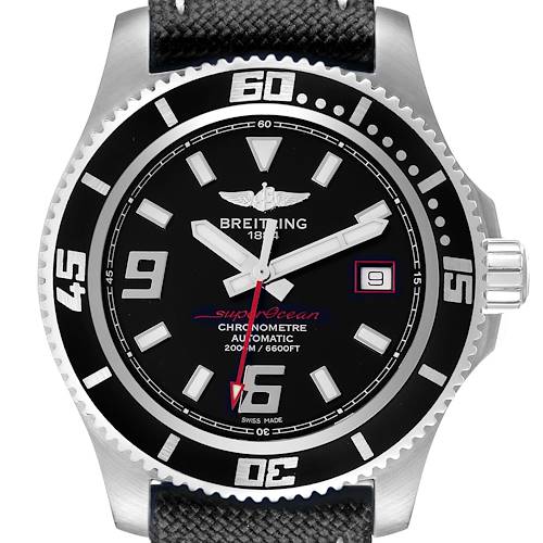 The Breitling Superocean A17391 Men's Stainless Steel Black Dial A17391 Men's Stainless Steel Black Dial watch is shown from the front, highlighting the bezel, dial, hands, and straps.