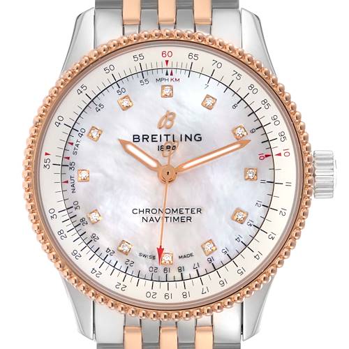 The Breitling U17395 Women's Steel and Gold (two tone) Mother of Pearl Dial U17395 Women's Steel and Gold (two tone) Mother of Pearl Dial Navitimer 35 U17395 watch is shown from the front, displaying the diamond hour markers, MOP dial, and rose gold bezel.