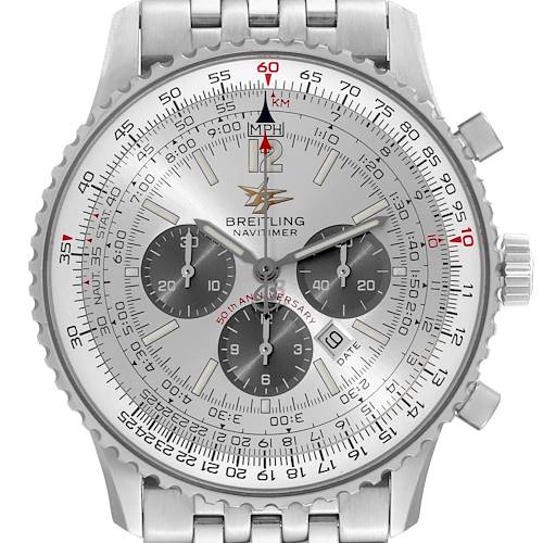The Breitling Navitimer A41322 Men's Stainless Steel Silver Dial A41322 Men's Stainless Steel Silver Dial watch is shown from a frontal angle, displaying its dial, bezel, and bracelet.