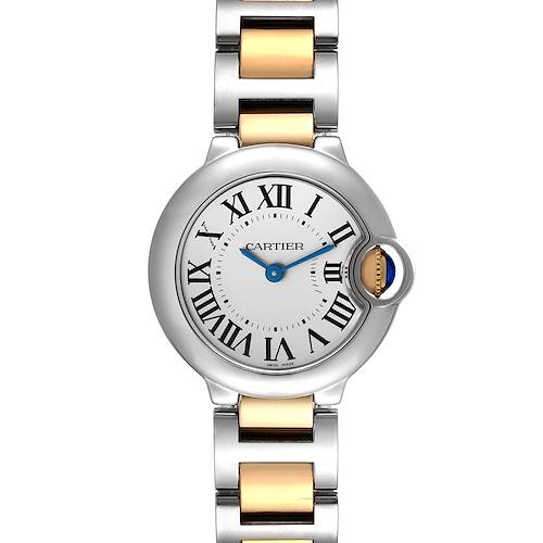 This image shows a front view of the Cartier Ballon Bleu W69007Z3 Women's Steel and Gold (two tone) Silver Dial W69007Z3 Women's Steel and Gold (two tone) Silver Dial watch, featuring its round face, Roman numerals, and two-tone metal strap.
