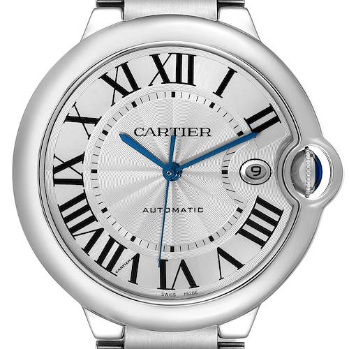 The image shows a front view of the Cartier Ballon Bleu W69012Z4 Men's Stainless Steel Silver Dial W69012Z4 Men's Stainless Steel Silver Dial watch, highlighting its Roman numerals and blue hands.
