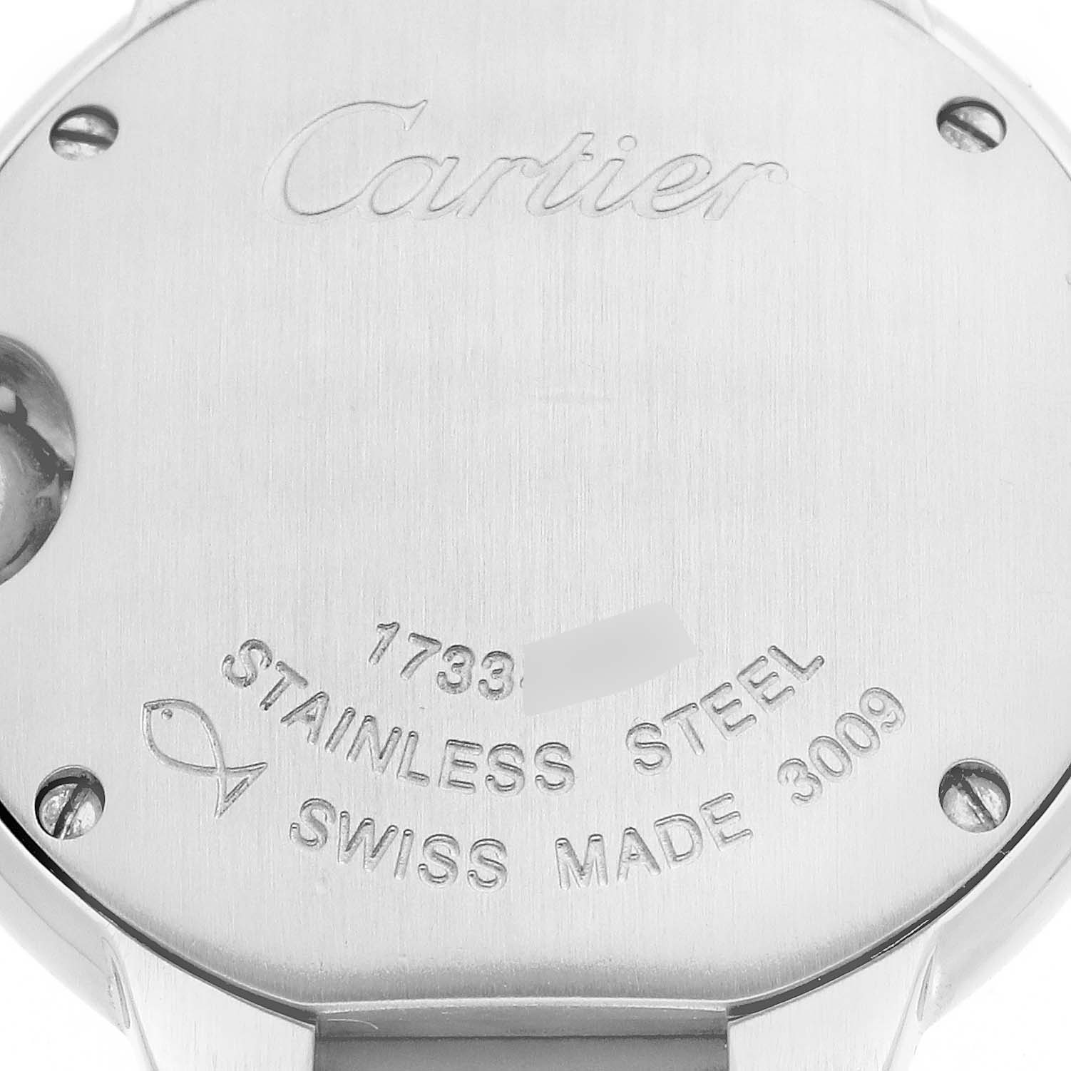 This image shows the back of the Cartier Ballon Bleu 63096 Women's Stainless Steel Silver Dial 63096 Women's Stainless Steel Silver Dial watch with engravings indicating stainless steel and Swiss made.