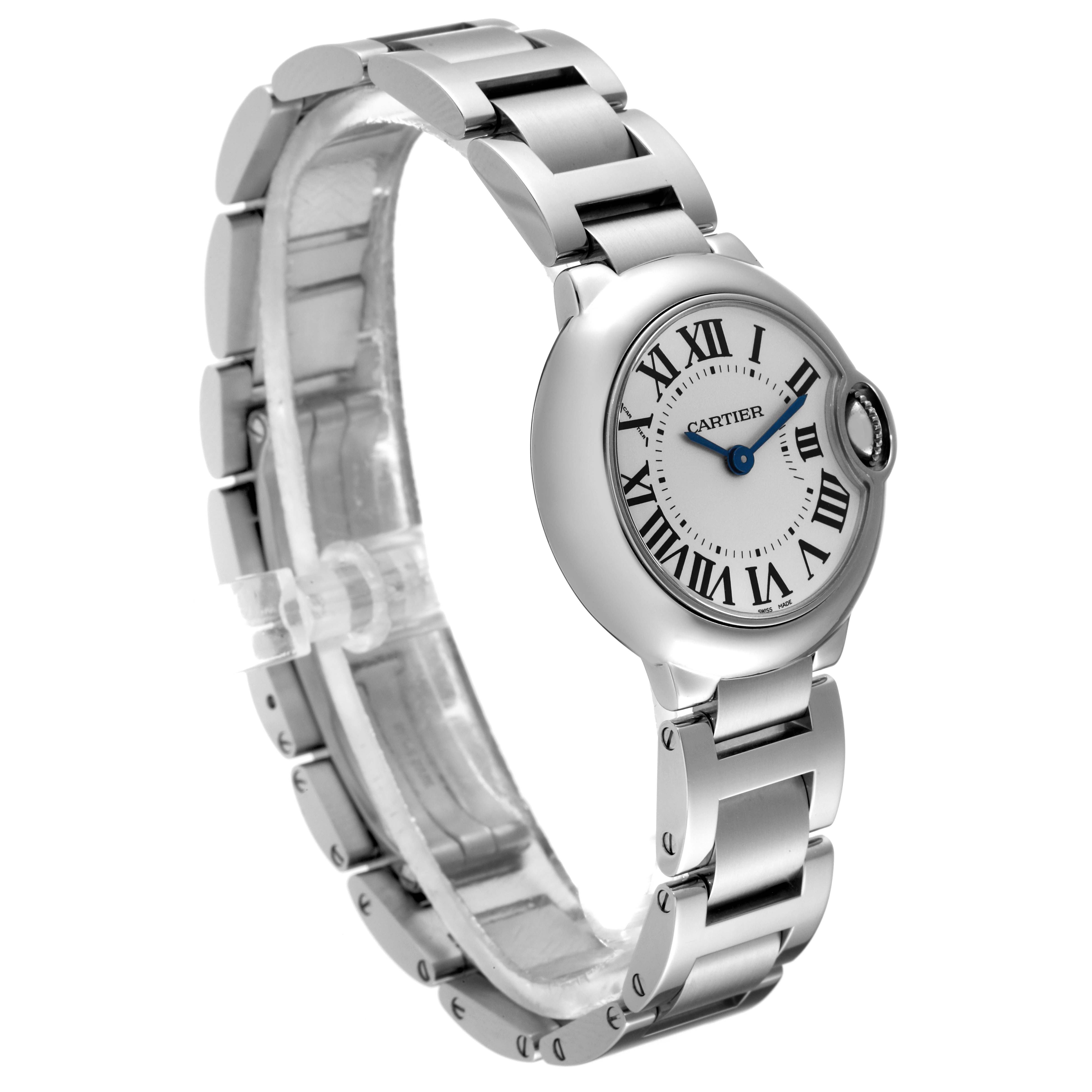 This is an angled side view of the Ballon Bleu watch by Cartier, showing the face, bracelet, and links.