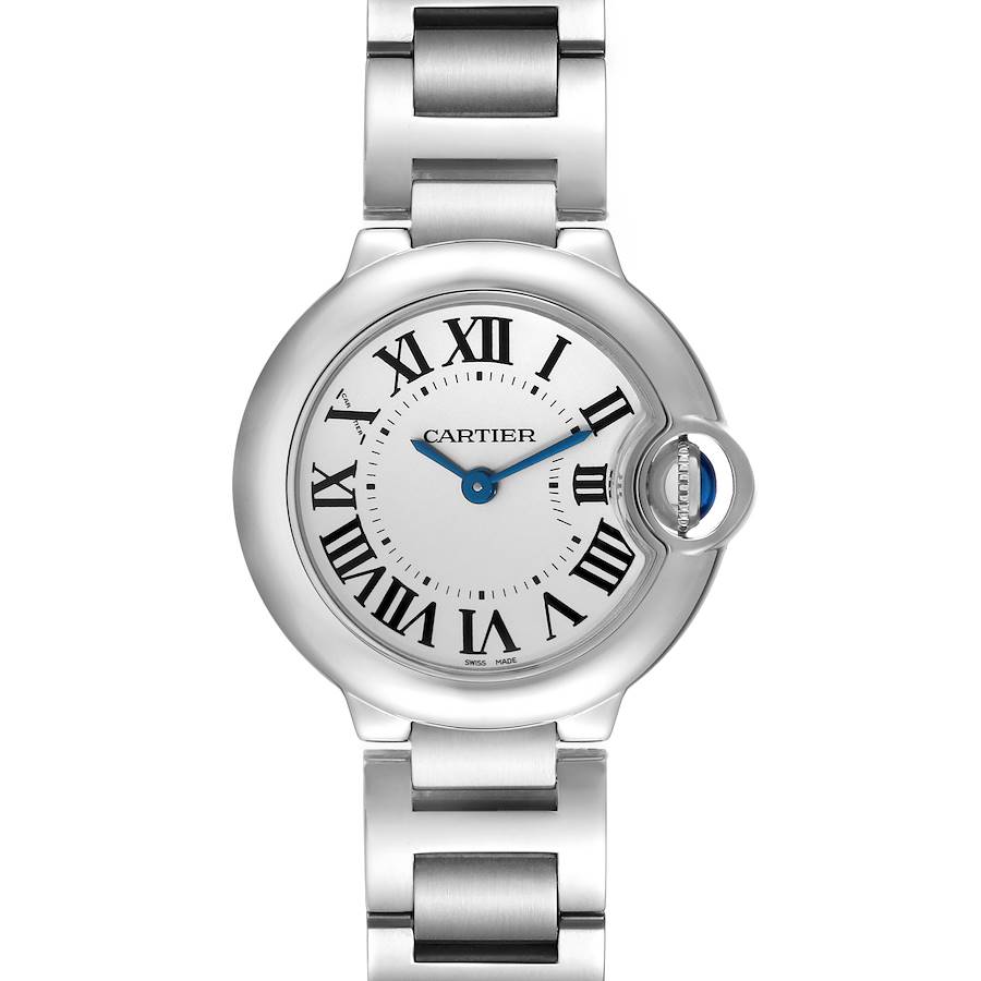 This image shows a front view of the Cartier Ballon Bleu 63096 Women's Stainless Steel Silver Dial 63096 Women's Stainless Steel Silver Dial watch, highlighting the face, Roman numerals, and part of the metal bracelet.