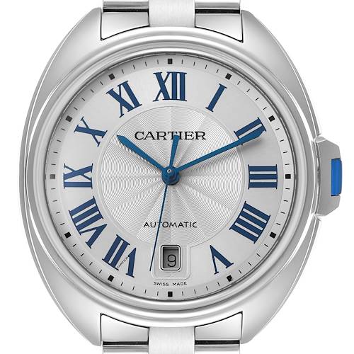 This image shows a frontal view of the Cartier Clé watch, highlighting its face, Roman numerals, and date window.