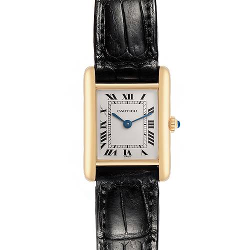 The Cartier Tank Classic 1150 Women's Yellow Gold Silver Dial 1150 Women's Yellow Gold Silver Dial watch is shown from a top-down angle, displaying the rectangular face, Roman numerals, and a black leather strap.
