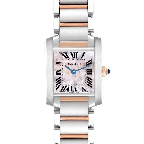 The Cartier Tank Française watch is shown from a front view, highlighting its dial, bracelet, and crown with a blue gem.