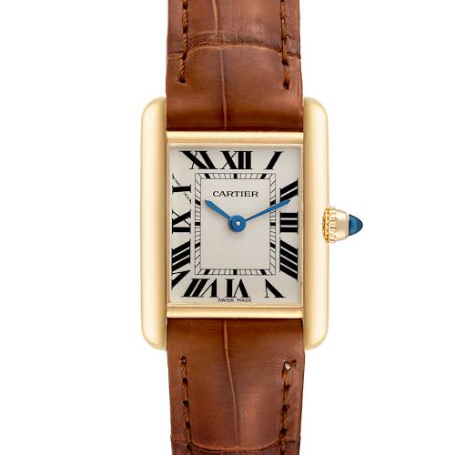 The image shows a full-frontal view of a Cartier Tank Louis W1529856 Women's Yellow Gold Silver Dial W1529856 Women's Yellow Gold Silver Dial watch, highlighting its dial, blue hands, and brown leather strap.