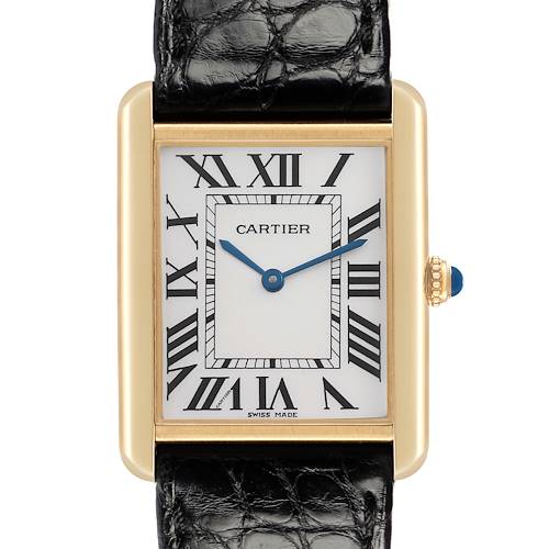 The Cartier Tank Solo W1018855 Men's Yellow Gold Silver Dial W1018855 Men's Yellow Gold Silver Dial watch is shown from a front angle, highlighting the face, Roman numerals, hands, and part of the leather strap.