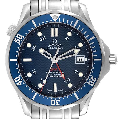 The Omega Seamaster 2535.80.00 Men's Stainless Steel Blue Dial 2535.80.00 Men's Stainless Steel Blue Dial watch is shown from a top-down angle, highlighting its face, bezel, and metal bracelet.