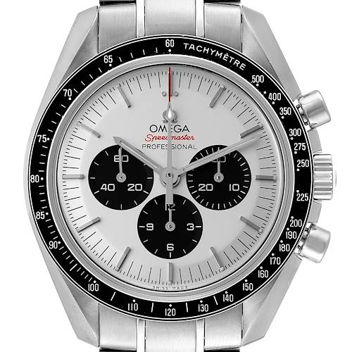 This image shows the face and bezel of the Omega Speedmaster 522.30.42.30.04.001 Men's Stainless Steel White Dial 522.30.42.30.04.001 Men's Stainless Steel White Dial watch, including the chronograph dials and tachymetre scale.