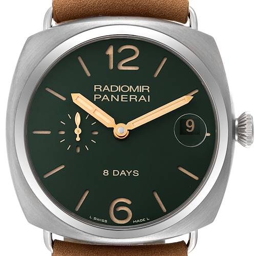 The Panerai Radiomir PAM00736 Men's Titanium Green Dial PAM00736 Men's Titanium Green Dial model watch is shown from a front angle, highlighting its dial, hands, date window, and crown.
