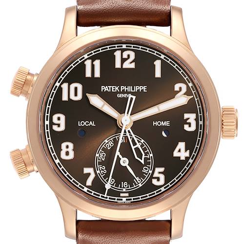 The image shows a front view of the Patek Philippe Calatrava 7234R-001 Women's Rose Gold Brown Dial 7234R-001 Women's Rose Gold Brown Dial watch, highlighting the dial, hands, and brown strap.