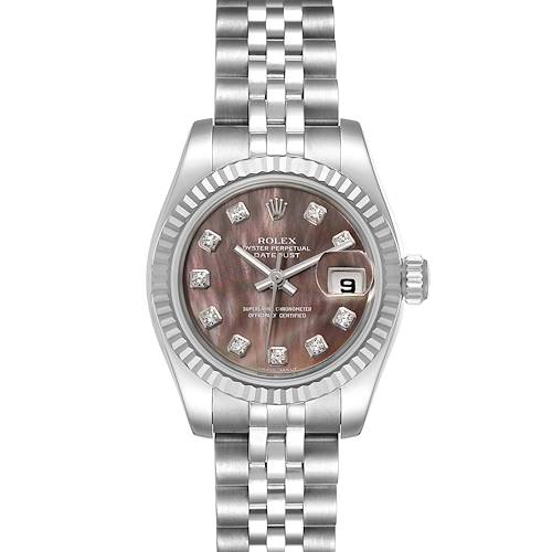 This image shows a frontal view of a Rolex Datejust 179174 Women's Stainless Steel Mother of Pearl Dial 179174 Women's Stainless Steel Mother of Pearl Dial watch, displaying the dial, case, bracelet, and date magnifier.