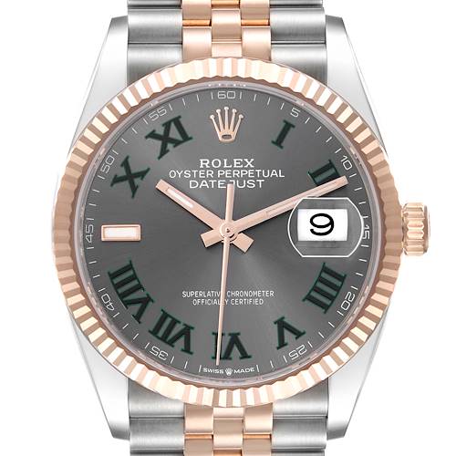 The image shows a Rolex Datejust 126231 Men's Steel and Gold (two tone) Grey Dial 126231 Men's Steel and Gold (two tone) Grey Dial watch face from a front angle, highlighting the dial, fluted bezel, and part of the bracelet.