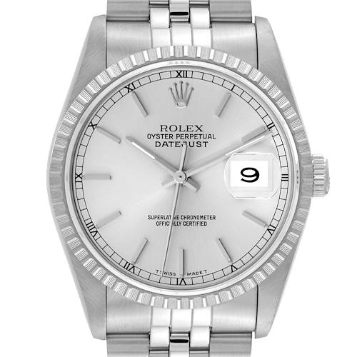 This image shows the face and a part of the bracelet of a Rolex Datejust 16220 Men's Stainless Steel Silver Dial 16220 Men's Stainless Steel Silver Dial watch, viewed from the front.