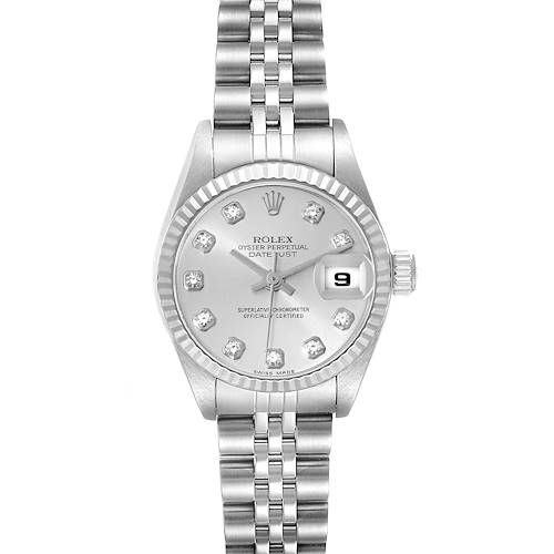 This image shows a frontal view of a Rolex Datejust 79174 Women's Stainless Steel Silver Dial 79174 Women's Stainless Steel Silver Dial watch, displaying its bracelet, dial, hands, and date window.
