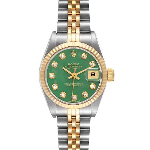 The Rolex Datejust 69173G Women's Steel and Gold (two tone) Green Dial 69173G Women's Steel and Gold (two tone) Green Dial watch is shown from a top-down angle, displaying the bezel, dial, crown, and bracelet.