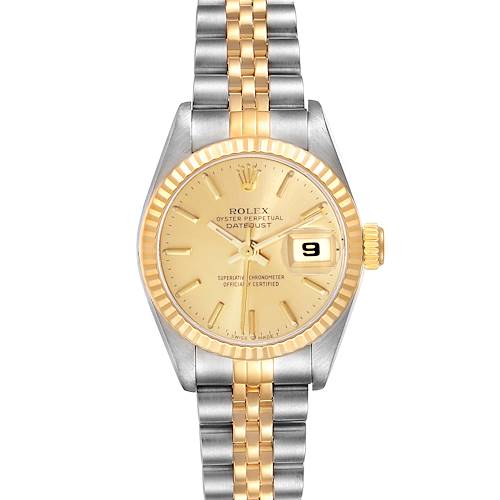 The image shows a frontal view of the Rolex Datejust 69173 Women's Steel and Gold (two tone) Champagne Dial 69173 Women's Steel and Gold (two tone) Champagne Dial watch, highlighting its dial, bezel, crown, and two-tone bracelet.