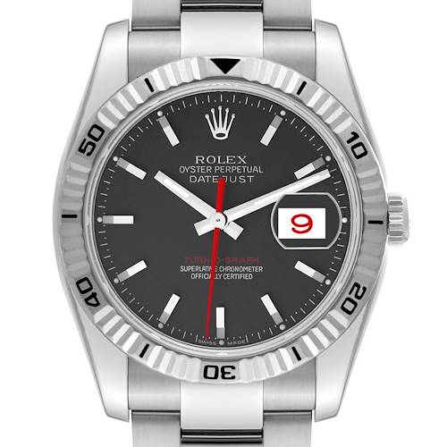 The image shows a front view of a Rolex Turn-o-Graph 116264 Men's Stainless Steel Black Dial 116264 Men's Stainless Steel Black Dial Datejust watch, highlighting its bezel, dial, crown, and bracelet.