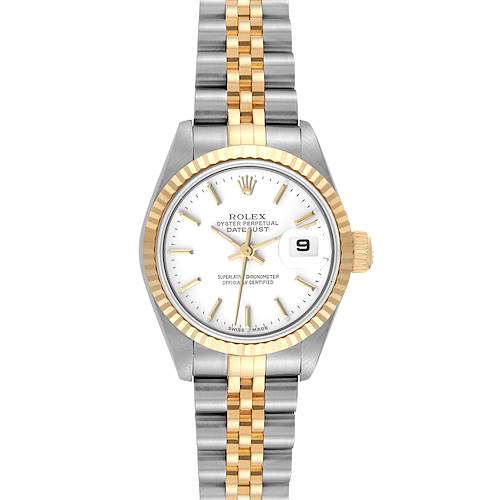 A frontal view of the Rolex Datejust 69173 Women's Steel and Gold (two tone) White Dial 69173 Women's Steel and Gold (two tone) White Dial watch, showing its face, bezel, and two-tone bracelet.