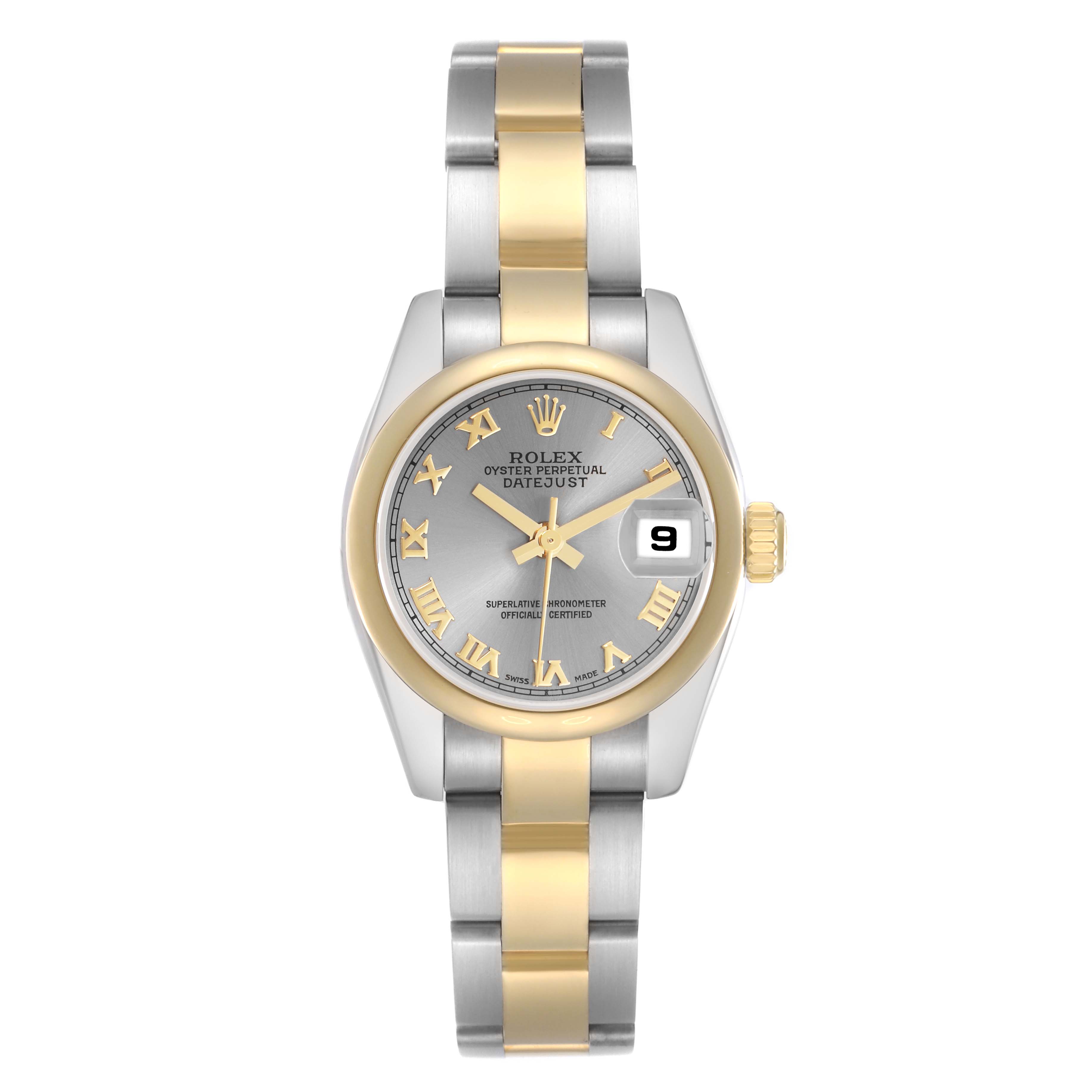 The Rolex Datejust 179163 Women's Steel and Gold (two tone) Grey Dial 179163 Women's Steel and Gold (two tone) Grey Dial watch is shown from the front, featuring a two-tone bracelet and a gold bezel, with the date visible.