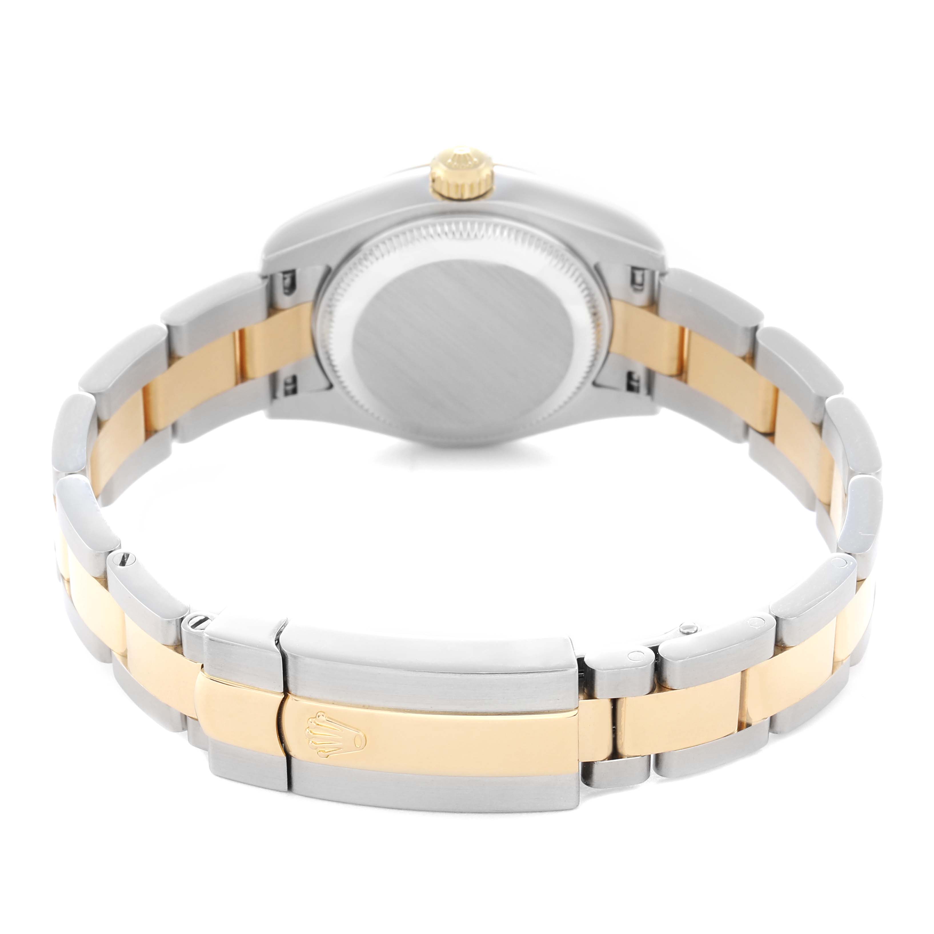 The image shows the back of a Rolex Datejust 179163 Women's Steel and Gold (two tone) Grey Dial 179163 Women's Steel and Gold (two tone) Grey Dial, highlighting its two-tone bracelet and clasp.