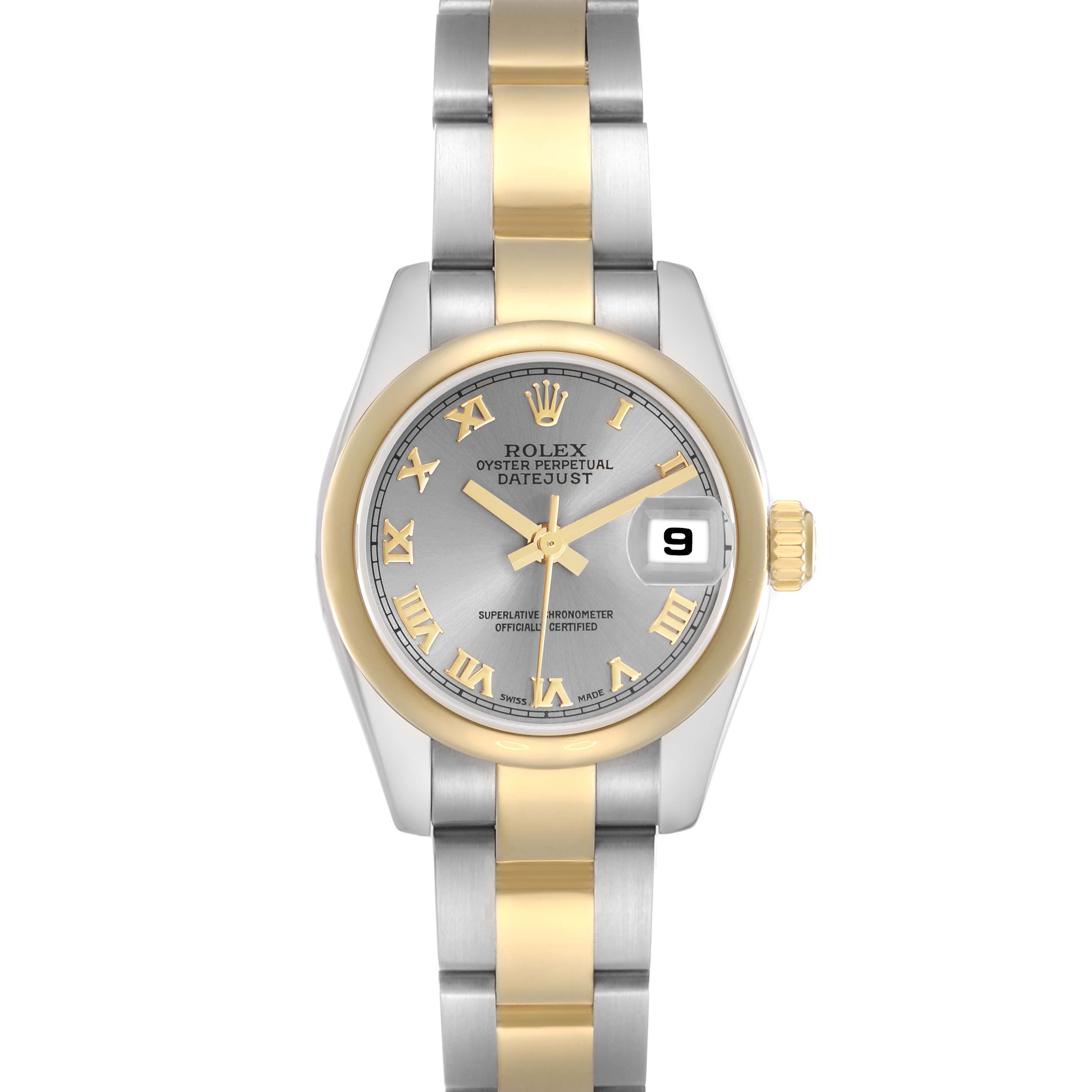 The image shows a Rolex Datejust 179163 Women's Steel and Gold (two tone) Grey Dial 179163 Women's Steel and Gold (two tone) Grey Dial watch from the front, highlighting its silver and gold bracelet, gold bezel, and date display.