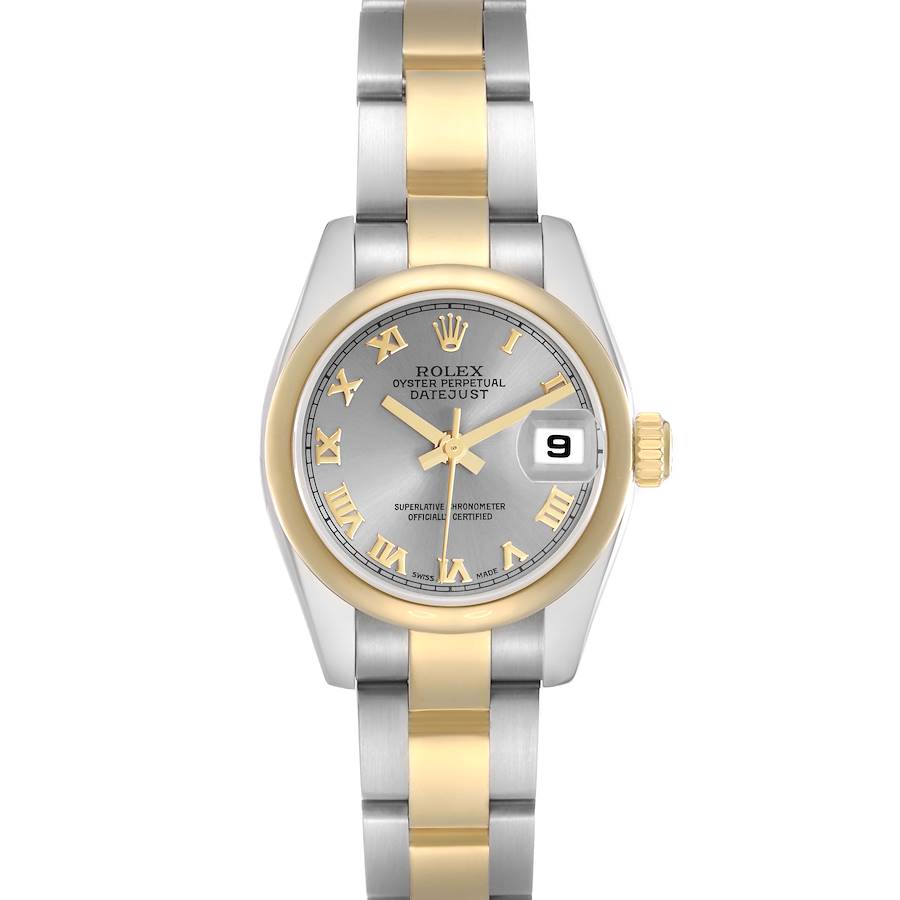 The image shows a Rolex Datejust 179163 Women's Steel and Gold (two tone) Grey Dial 179163 Women's Steel and Gold (two tone) Grey Dial watch from the front, highlighting its silver and gold bracelet, gold bezel, and date display.