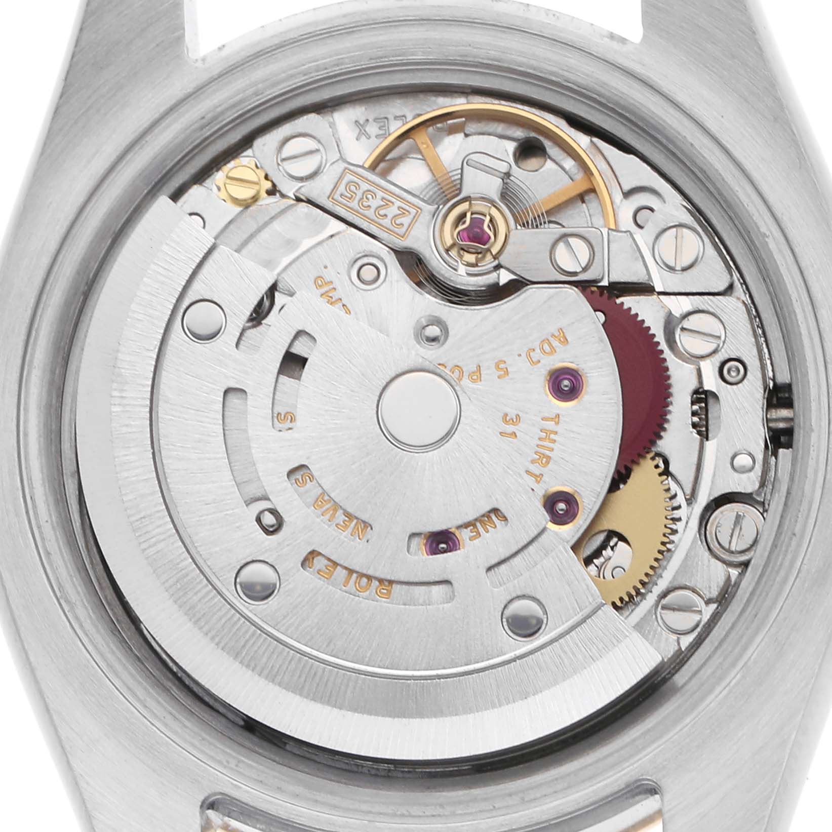 The image shows a top-down view of the Rolex Datejust 179163 Women's Steel and Gold (two tone) Grey Dial 179163 Women's Steel and Gold (two tone) Grey Dial's movement mechanism, detailing its intricate components.