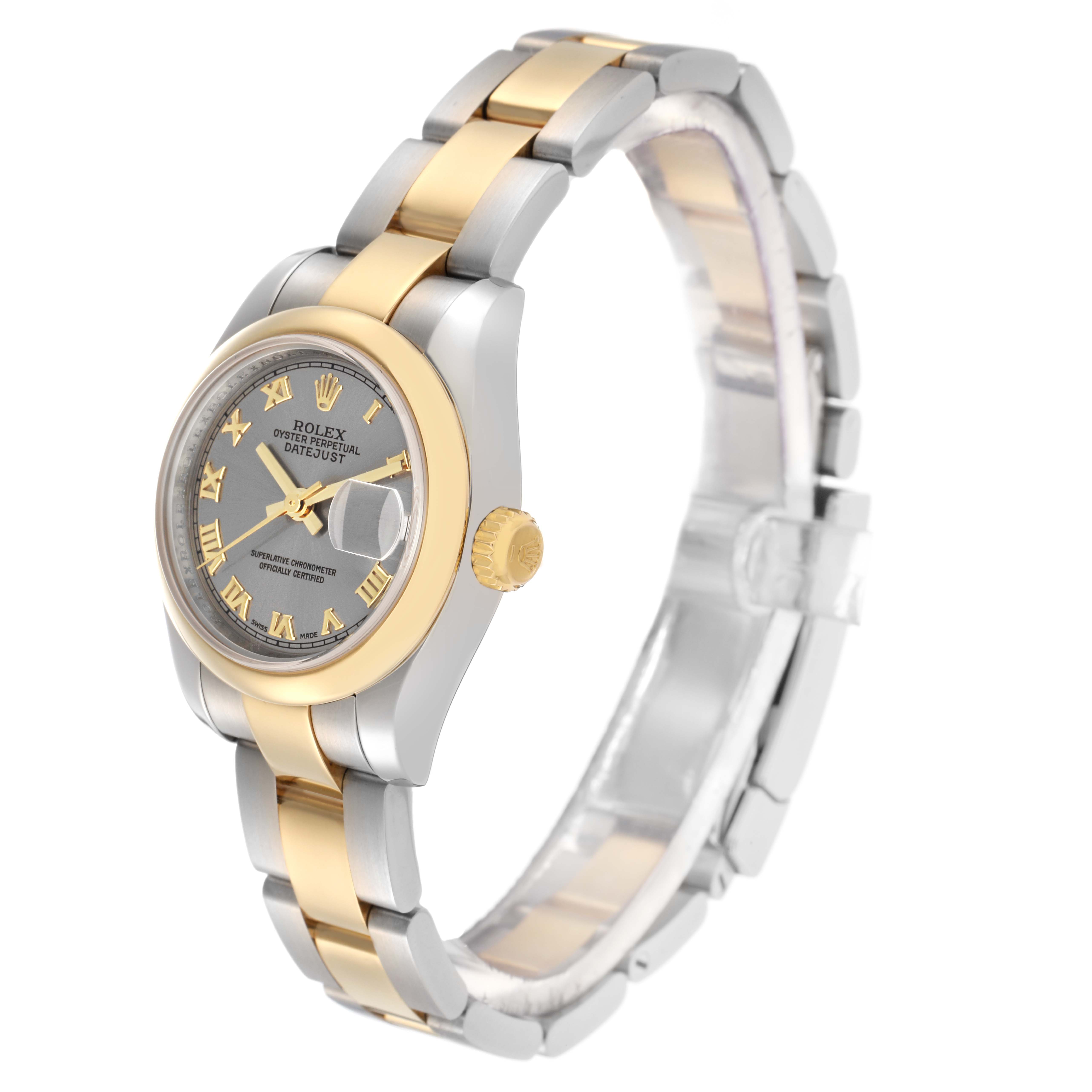 The Rolex Datejust 179163 Women's Steel and Gold (two tone) Grey Dial 179163 Women's Steel and Gold (two tone) Grey Dial watch is shown at a three-quarter angle featuring the face, bezel, crown, and bracelet.