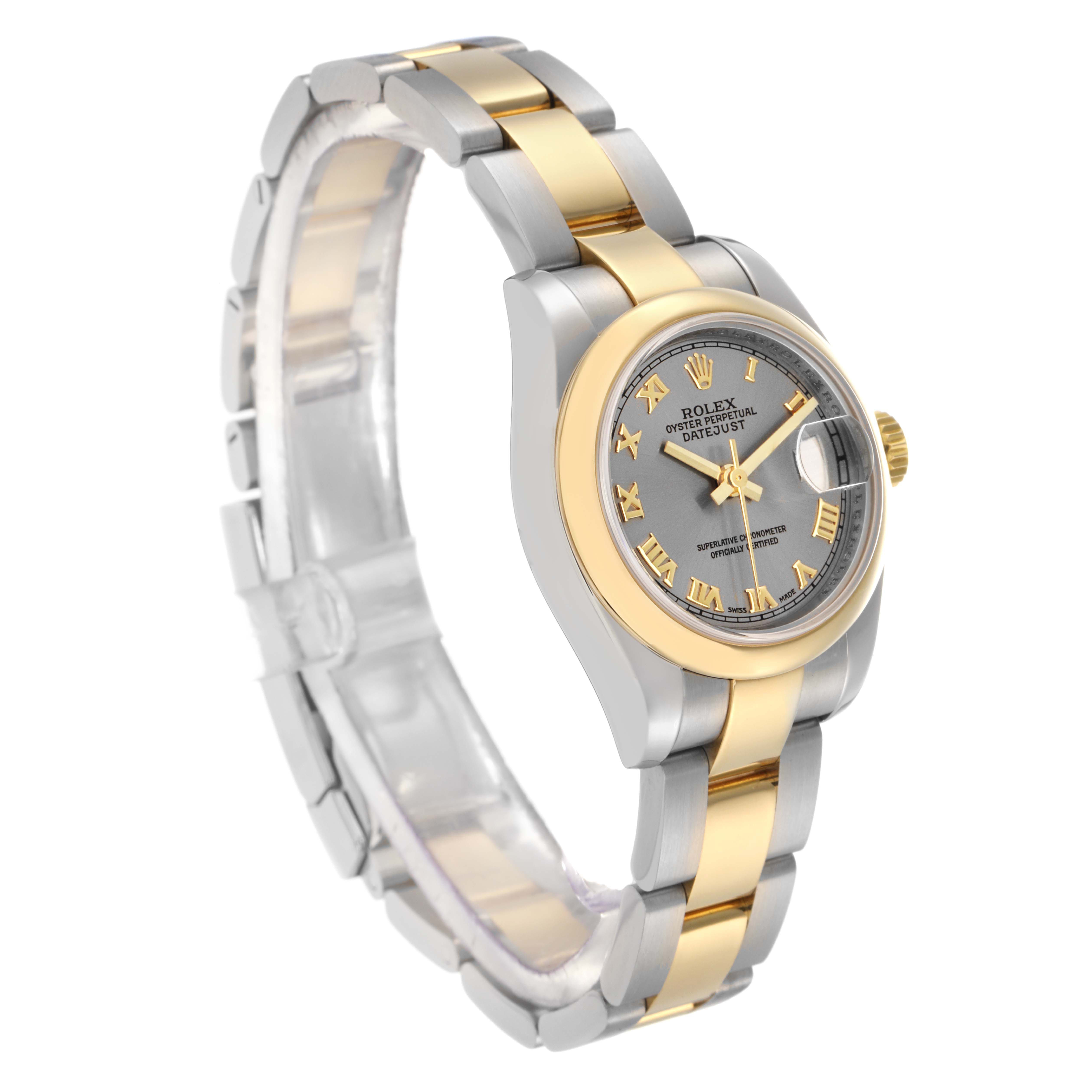 The Rolex Datejust 179163 Women's Steel and Gold (two tone) Grey Dial 179163 Women's Steel and Gold (two tone) Grey Dial watch is shown at a 3/4 angle, displaying the dial, bezel, and bracelet.