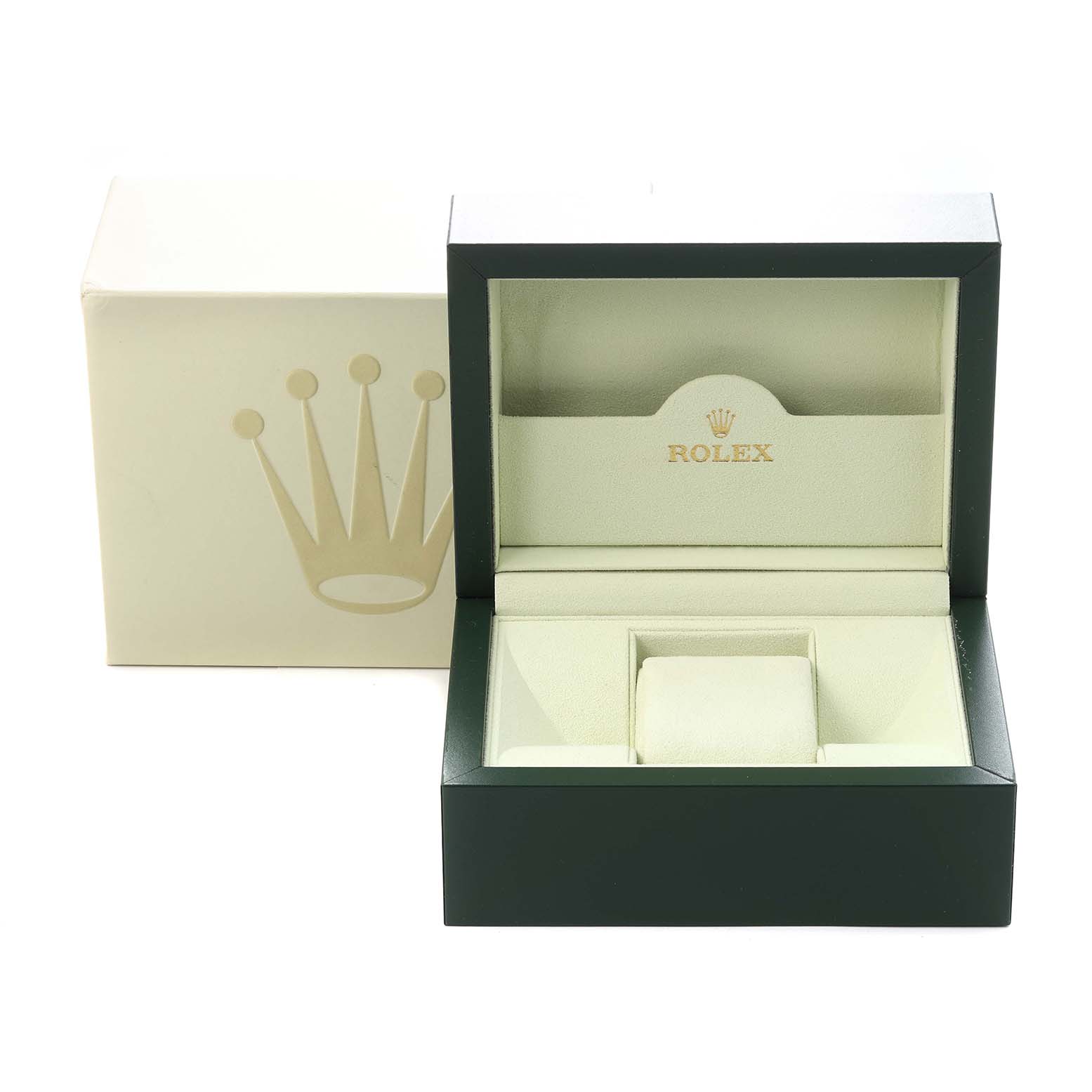 The image shows an open Rolex Datejust 179163 Women's Steel and Gold (two tone) Grey Dial 179163 Women's Steel and Gold (two tone) Grey Dial watch box at eye level with a beige and green color scheme, and the logo prominently displayed.