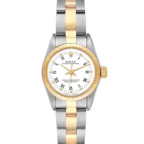 This image shows a front view of a Rolex Oyster Perpetual 67243 Women's Steel and Gold (two tone) White Dial 67243 Women's Steel and Gold (two tone) White Dial watch, highlighting the dial, bezel, and two-tone metal bracelet.