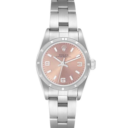 The Rolex Oyster Perpetual 76030 Women's Stainless Steel Pink Dial 76030 Women's Stainless Steel Pink Dial watch is shown from a front angle, displaying the dial, bezel, case, bracelet, and crown.