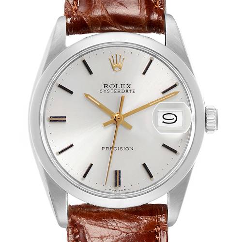 The image shows a frontal view of the Rolex Vintage Collection 6694 Men's Stainless Steel Silver Dial 6694 Men's Stainless Steel Silver Dial watch, highlighting the face, dial, and leather strap.