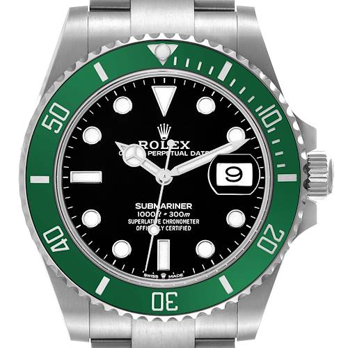 The Rolex Submariner 126610LV Men's Stainless Steel Black Dial 126610LV Men's Stainless Steel Black Dial watch is shown from a front angle, highlighting its green bezel, black dial, date window, and crown.