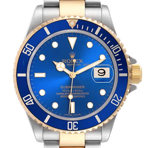 The Rolex Submariner 16613 Men's Steel and Gold (two tone) Blue Dial 16613 Men's Steel and Gold (two tone) Blue Dial watch is shown from the front, highlighting its blue dial, date display, and stainless steel and gold bezel.