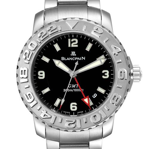 The image shows a front view of the Blancpain Fifty Fathoms 2250-1130-71 Men's Stainless Steel Black Dial 2250-1130-71 Men's Stainless Steel Black Dial watch, highlighting its dial, bezel, crown, and part of the metal bracelet.