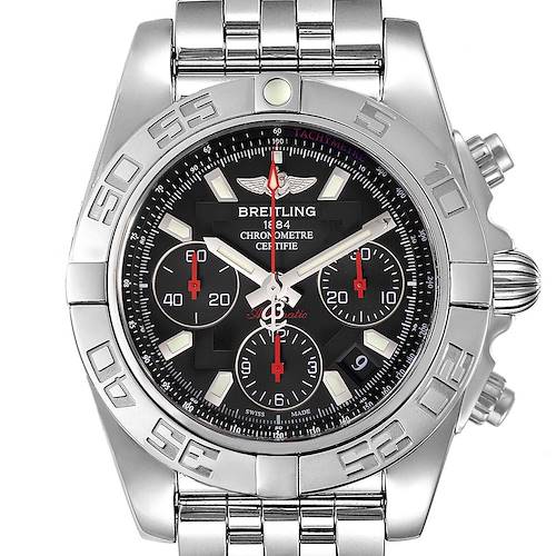 The image shows a frontal view of the Breitling Chronomat AB0141 Men's Stainless Steel Black Dial AB0141 Men's Stainless Steel Black Dial watch, highlighting its dial, bezel, chronographs, and part of its metallic strap.