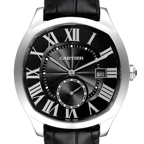 The image shows a front view of the Drive de Cartier watch by Cartier, displaying its dial, hands, date window, and leather strap.