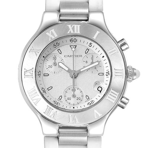 The image shows a Cartier Must 21 Chronoscaph W10184U2 Men's Stainless Steel White Dial W10184U2 Men's Stainless Steel White Dial watch viewed from the front, highlighting its dial, Roman numerals, and sub-dials.