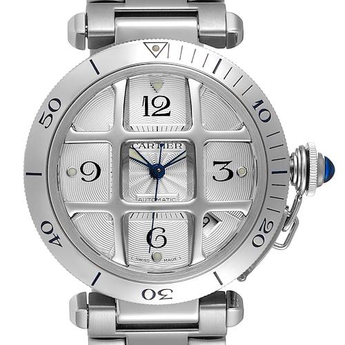 The image shows a front view of the Cartier Pasha W31059H3 Men's Stainless Steel Silver Dial W31059H3 Men's Stainless Steel Silver Dial watch, highlighting its dial, hands, bezel, and crown.