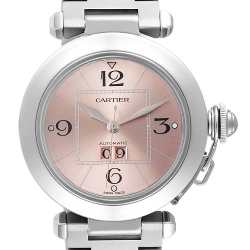 The image shows a frontal view of the Cartier Pasha W31058M7 Women's Stainless Steel Pink Dial W31058M7 Women's Stainless Steel Pink Dial watch, highlighting its dial, crown, and bracelet attachment.