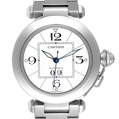 This image shows a front view of the Cartier Pasha W31055M7 Men's Stainless Steel White Dial W31055M7 Men's Stainless Steel White Dial watch displaying its face, crown, and part of the bracelet.