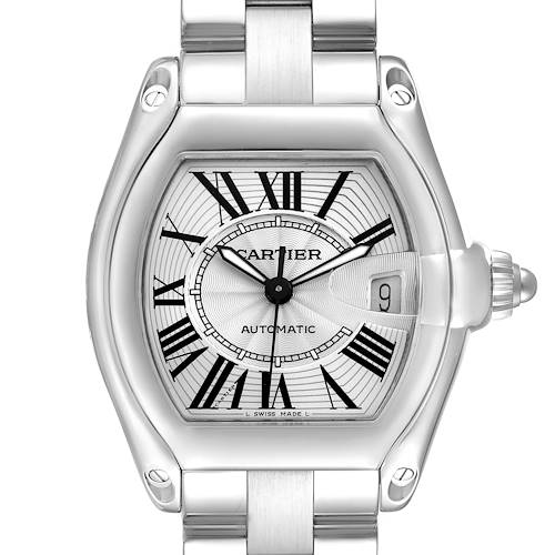The Cartier Roadster W62025V3 Men's Stainless Steel Silver Dial W62025V3 Men's Stainless Steel Silver Dial watch is shown from a front view, displaying its dial, Roman numerals, and date window.