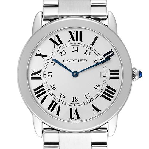 This image shows a front view of the Cartier Ronde W6701005 Men's Stainless Steel Silver Dial W6701005 Men's Stainless Steel Silver Dial watch, highlighting the face, bezel, and portion of the metal strap.