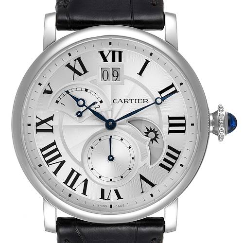 This image shows a front view of the Rotonde de Cartier watch, highlighting the dial, hands, and case.