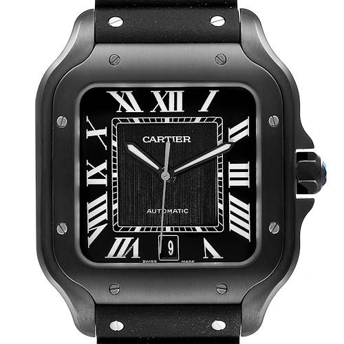 The Cartier Santos WSSA0039 Men's Stainless Steel Black Dial WSSA0039 Men's Stainless Steel Black Dial model watch is shown from the front, featuring its dial, hands, and bezel with visible screws.